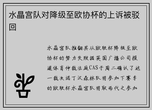 水晶宫队对降级至欧协杯的上诉被驳回